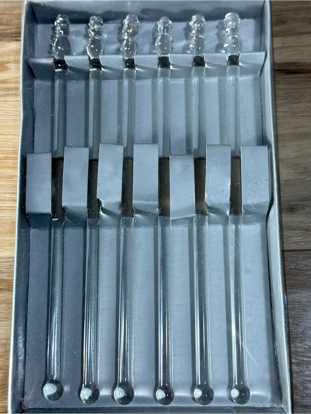 New Set Of 6 Christmas Snowman Clear Glass Swizzle Sticks Cocktail Stirrers